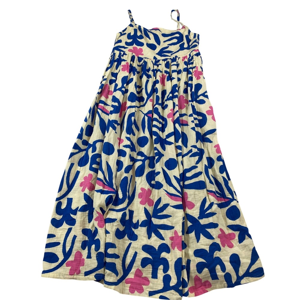Hanna Andersson Womens XS Blue Pink Abstract Botanical Cotton Gauze Midi Dress